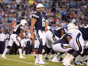 Charlie Whitehurst #6 of the San Diego Chargers calls a play against the San Francisco 49ers during the second quarter of a preseason game at Qualcomm Stadium on August 29, 2013