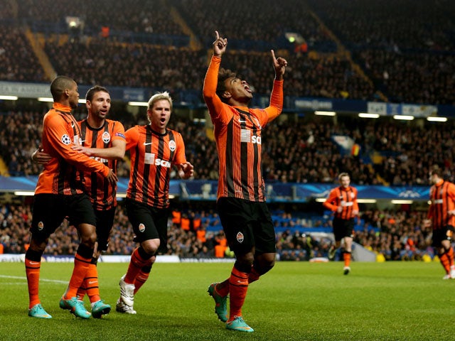 Willian of Shakhtar Donetsk celebrates after scoring their first goal during the Champions League match between Chelsea and Shakhtar Donetsk at Stamford Bridge on November 7, 2012