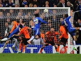 Victor Moses of Chelsea scores his goal during the UEFA Champions League Group E match between Chelsea and Shakhtar Donetsk at Stamford Bridge on November 7, 2012