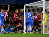 Shane Long #9 of West Brom scores to level the scores at 1-1- during the Barclays Premier League match between Chelsea and West Bromwich Albion at Stamford Bridge on November 9, 2013