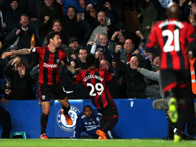 Stephane Sessegnon #29 of West Brom after scoring his team's second goal during the Barclays Premier League match between Chelsea and West Bromwich Albion at Stamford Bridge on November 9, 2013
