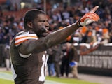 Wide receiver Greg Little of the Cleveland Browns celebrates after the game against the Baltimore Ravens at FirstEnergy Stadium on November 3, 2013