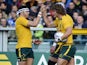 Australias's winger Nick Cummins celebrates his 2nd try during the rugby test match between Italy and Australia on November 9, 2013