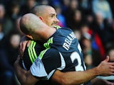 Stoke's Jonathan Walters celebrates with team mate Stephen Ireland after scoring the opening goal against Swansea on November 10, 2013
