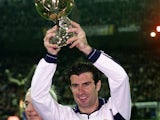 Luis Figo of Real Madrid with the European Footballer of the Year award before the Primera Liga match between Real Madrid and Oviedo on January 14, 2001