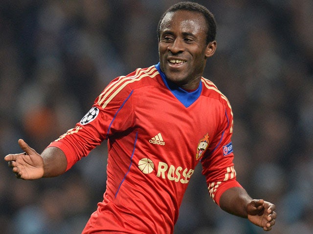 CSKA Moscow's Ivorian forward Seydou Doumbia celebrates after scoring a goal during the UEFA Champions League group D football match between Manchester City and CSKA Moscow at The City of Manchester stadium in Manchester, north-west England on November 5,
