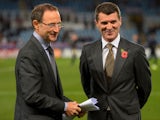 New announced Republic of Ireland manager Martin O'Neill and his assistant Roy Keane speak during the UEFA Champions League Group A match between Real Sociedad de Futbol and Manchester United at Estadio Anoeta on November 5, 2013