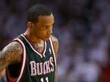 Monta Ellis #11 of the Milwaukee Bucks looks on during Game 2 of the Eastern Conference Quarterfinals of the 2013 NBA Playoffs against the Miami Heat at American Airlines Arena on April 23, 2013