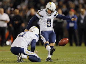 Kicker Nick Novak #9 of the San Diego Chargers kicks the point after touchdown as holder Mike Scifres #5 releases the ball against the Oakland Raiders in the fourth quarter on October 06, 2013