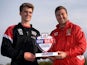 MK Dons striker Patrick Bamford with his manager Karl Robinson and his Player of the Month award for October on November 7, 2013