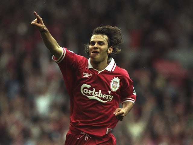 Liverpool's Patrik Berger celebrates a goal at Anfield on May 3, 1997