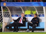 Manchester United manager David Moyes reacts with Phil Neville to the sending off of Marouane Fellainiduring the UEFA Champions League Group A match between Real Sociedad and Manchester United at Estadio Anoeta on November 5, 2013