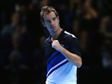 Richard Gasquet of France celebrates winning the first set in his men's singles match against Juan Martin Del Potro of Argentina during day one of the Barclays ATP World Tour Finals at O2 Arena on November 4, 2013