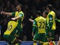 Robert Snodgrass of Norwich City celebrates his goal with Leroy Fer after putting his team 2-1 up against West Ham United on November 9, 2013