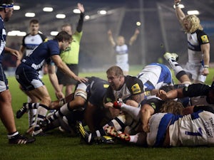 Bath Rugby's Anthony Perenise is driven over for a try against Sale Sharks' during the LV= Cup Round 1 match between Sale Sharks and Bath Rugby at AJ Bell Stadium on November 08, 2013