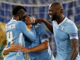 Sergio Floccari of SS Lazio celebrates with his team-mates after scoring the opening goal during the UEFA Europa League Group J match between SS Lazio and Apollon on November 7, 2013