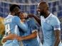 Sergio Floccari of SS Lazio celebrates with his team-mates after scoring the opening goal during the UEFA Europa League Group J match between SS Lazio and Apollon on November 7, 2013