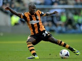 Sone Aluko of Hull City shoots on goal during the Barclays Premier League match between Hull City and West Ham United at KC Stadium on September 28, 2013