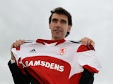 New Middlesbrough manager Aitor Karanka poses with the club shirt as he is unveiled at Rockliffe Park on November 13, 2013