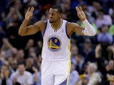 Andre Iguodala #9 of the Golden State Warriors reacts after he made a three-point basket against the Oklahoma City Thunder at ORACLE Arena on November 14, 2013