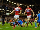 Wales player Elliot Kear celebrates his try during the Rugby League World Cup Inter-group Match between Wales and Italy at Millennium Stadium on October 26, 2013