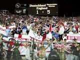 England fans celebrate their 5-1 win over Germany in Munich on September 08, 2001.