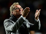 Sweden's coach Erik Hamren gestures to the crowd at the end of the FIFA 2014 World Cup qualifier play-off first leg football match Portugal vs Sweden at the Luz stadium in Lisbon on November 15, 2013
