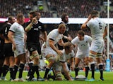 Joe Launchbury of England goes over to score a try underneath Captain Chris Robshaw of England during the QBE International match between England and New Zealand on November 16, 2013