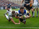 Bath's Martin Roberts scores his team's third try against Exeter Chiefs during their LV=Cup match on November 17, 2013