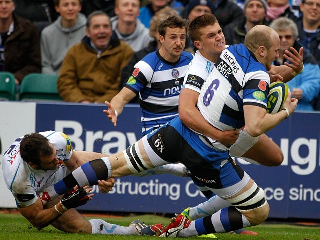 Bath's Matt Garvey goes over to score his team's second try against Exeter Chiefs during their LV=Cup match on November 17, 2013