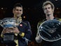 Novak Djokovic and Andy Murray pose with their Australian Open trophies on January 27, 2013.