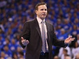 Head coach Scott Brooks of the Oklahoma City Thunder questions a call against the Memphis Grizzlies during Game Two of the Western Conference Semifinals of the 2013 NBA Playoffs at Chesapeake Energy Arena on May 7, 2013