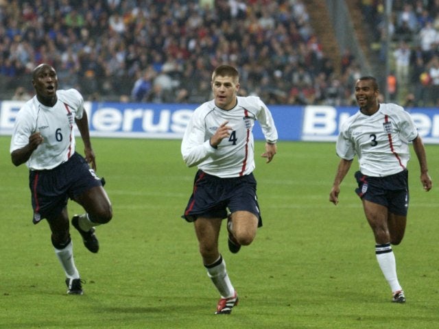 Steven Gerrard celebrates putting England in front against Germany on September 08, 2001.