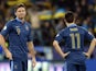 France's forward Olivier Giroud reacts next to midfielder Samir Nasri after Ukraine scored a goal during the 2014 FIFA World Cup qualifying play-off first leg football match between Ukraine and France at the Olympic Stadium in Kiev on November 15, 2013