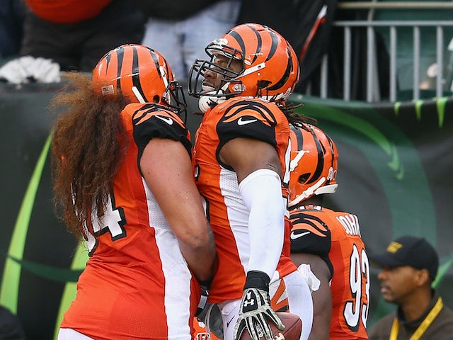 Vontaze Burfict of the Cincinnati Bengals celebrates with Domata Peko after returning a fumble for a touchdown during the NFL game against the Cleveland Browns on November 17, 2013
