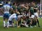 South Africa's Willem Alberts is congratulated by team mates after scoring the opening try against Scotland during their International match on November 17, 2013