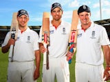 Centurions Andrew Strauss, Alastair Cook, Jonathan Trott pose with their bats at The Gabba on November 29, 2010.