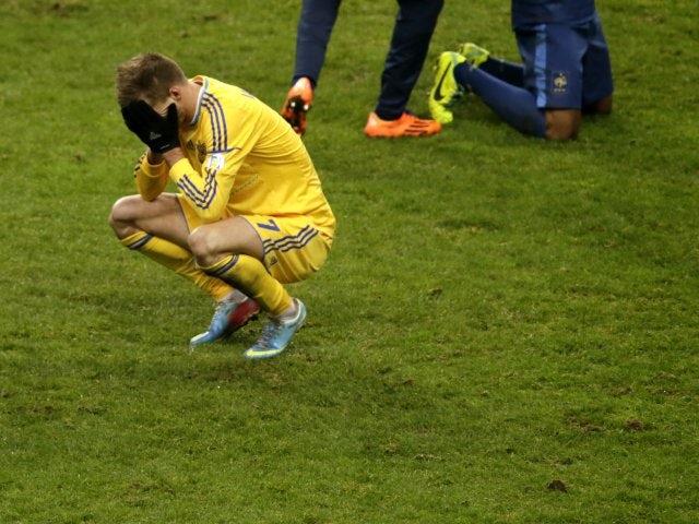 Andriy Yarmolenko looks dejected after Ukraine are beaten by France on November 19, 2013.