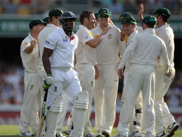 Michael Carberry of England leaves the field after being bowled by Ryan Harris of Australia during day three of the First Ashes Test match between Australia and England at The Gabba on November 23, 2013