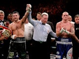 Carl Froch celebrates victory over George Groves after their IBF & WBA World Super Middleweight Title fight on November 23, 2013