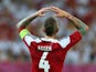 Daniel Agger reacts to Denmark missing a chance during Euro 2012 on June 17, 2012.