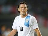 Diego Forlan of Uruguay smiles during the international friendly match between Japan and Uruguay at Miyagi Stadium on August 14, 2013