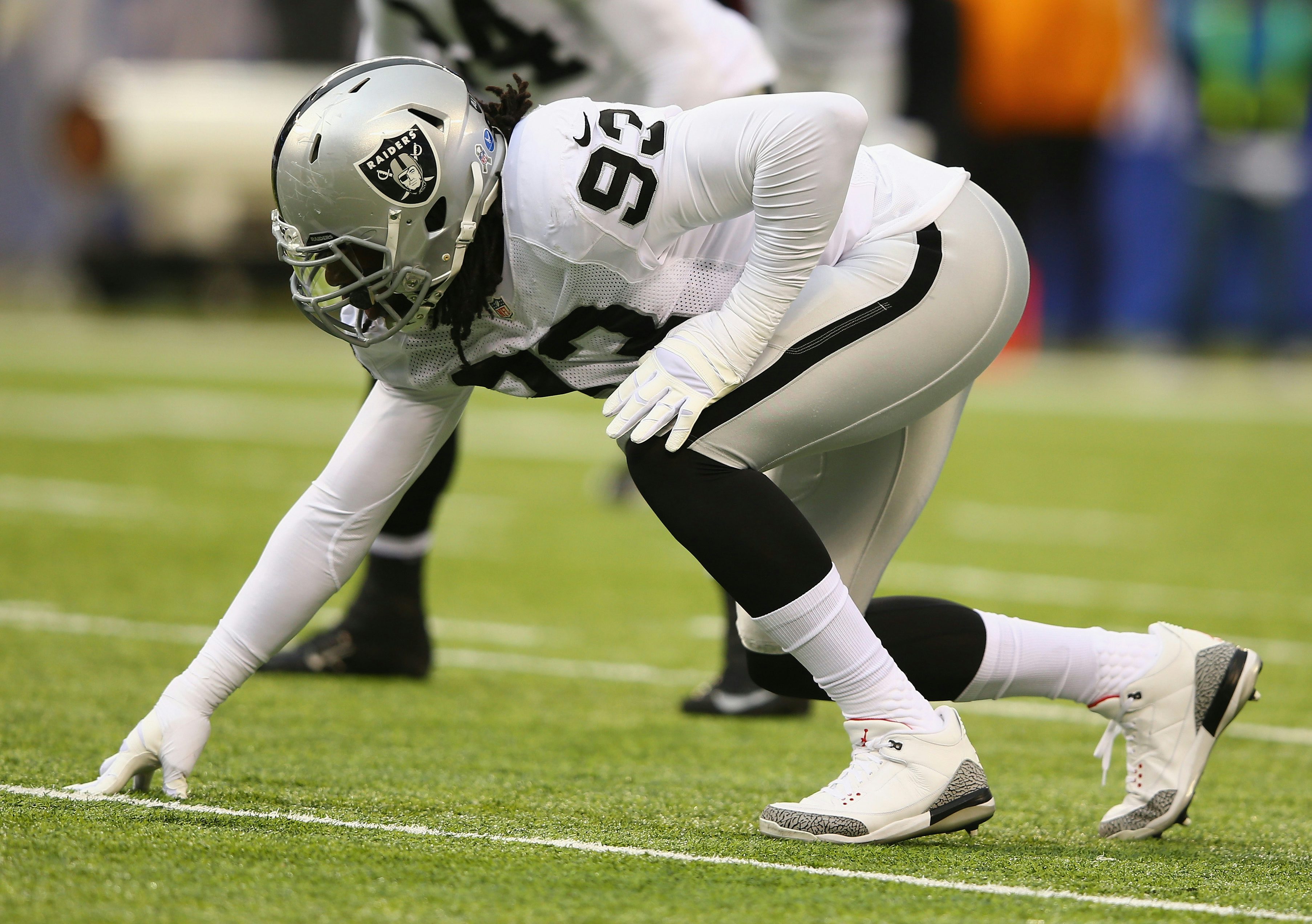 Jason Hunter of the Oakland Raiders in action against the New York Giants during their game at MetLife Stadium on November 10, 2013