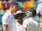 Kevin Pietersen of England and Brad Haddin of Australia exchange words during day one of the First Ashes Test match between Australia and England at The Gabba on November 21, 2013
