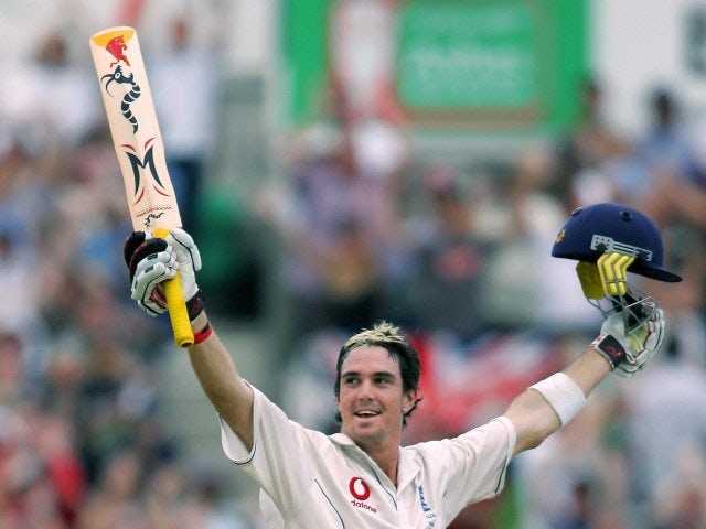 Kevin Pietersen celebrates his century against Australia at The Oval on September 12, 2005.