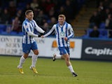 Luke James of Hartlepool United celebrates with team mate Jack Compton after scoring his sides 1st goal during the Sky Bet League Two match between Hartlepool United and Northampton Town at Victoria Park on November 23, 2013
