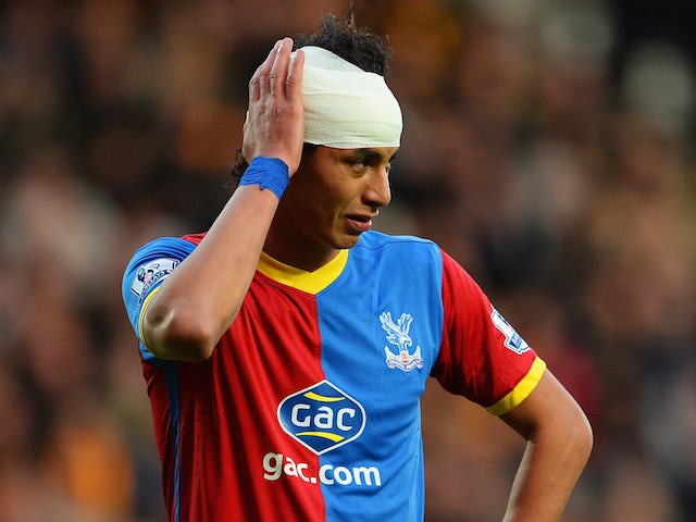 Marouane Chamakh of Crystal Palace holds his bandaged head during the Barclays Premier League match between Hull City and Crystal Palace at KC Stadium on November 23, 2013