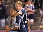 Mitchell Nichols of Victory celebrates scoring a goal with Archie Thompson of Victory during the round seven A-League match between Melbourne Victory and Adelaide United at Etihad Stadium on November 23, 2013