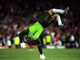 Manchester United goalkeeper Peter Schmeichel celebrates their winning goal in the Champions League final on May 26, 1999