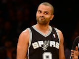 Tony Parker of the San Antonio Spurs reacts to the referee's call against the Los Angeles Lakers during NBA action on November 1, 2013